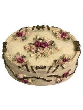 Vintage Dezine Hand Painted Resin Trinket Box Raised Floral 1993 Cake Style